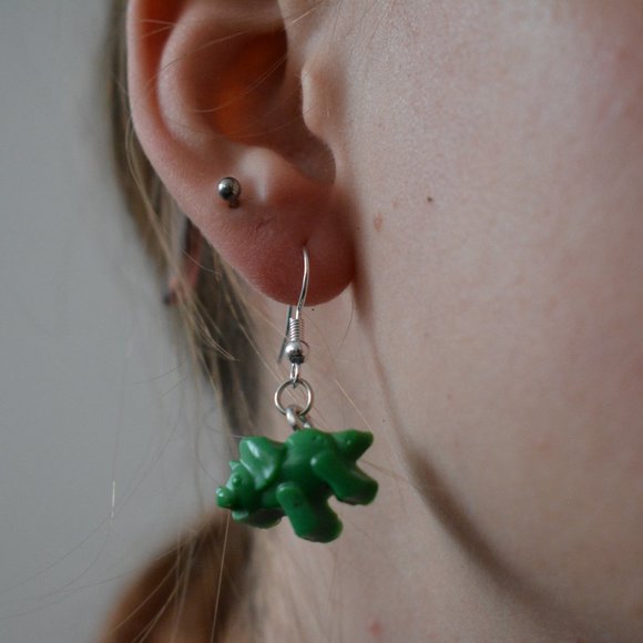Green Recycled Plastic Triceratops Dangle Earrings - Picture 3 of 4